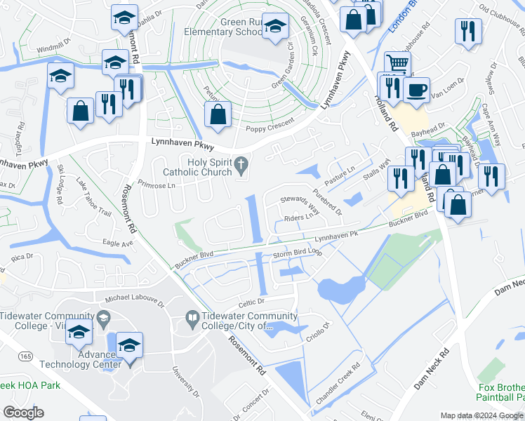 map of restaurants, bars, coffee shops, grocery stores, and more near 3669 Purebred in Virginia Beach
