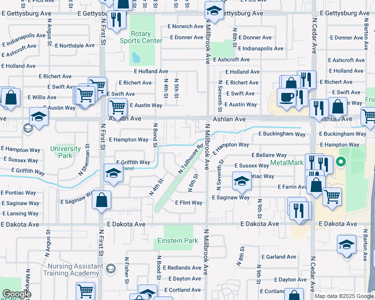 map of restaurants, bars, coffee shops, grocery stores, and more near 4073 North Tollhouse Road in Fresno