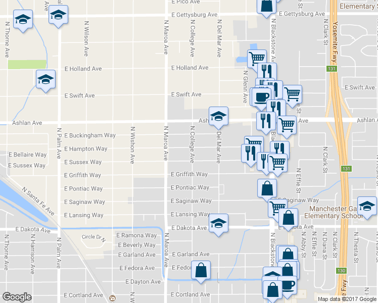 map of restaurants, bars, coffee shops, grocery stores, and more near 4077 North College Avenue in Fresno