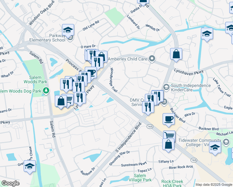 map of restaurants, bars, coffee shops, grocery stores, and more near 1356 Woodbridge Trail in Virginia Beach
