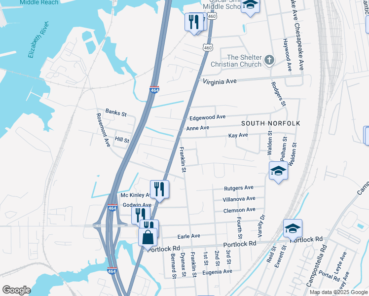 map of restaurants, bars, coffee shops, grocery stores, and more near 3110 Franklin Street in Chesapeake