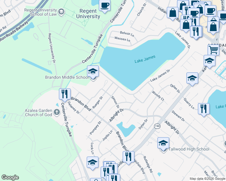 map of restaurants, bars, coffee shops, grocery stores, and more near 1689 Delaney St in Virginia Beach