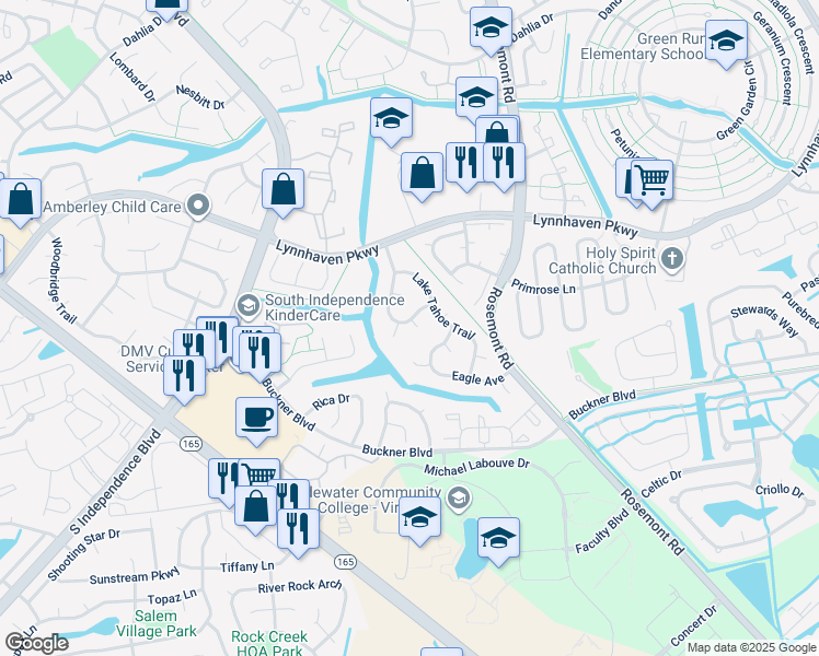 map of restaurants, bars, coffee shops, grocery stores, and more near 1401 Vail Crescent in Virginia Beach