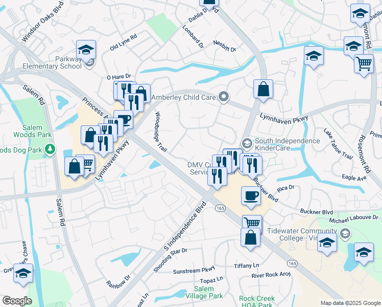 map of restaurants, bars, coffee shops, grocery stores, and more near 1512 Rexmore Lane in Virginia Beach