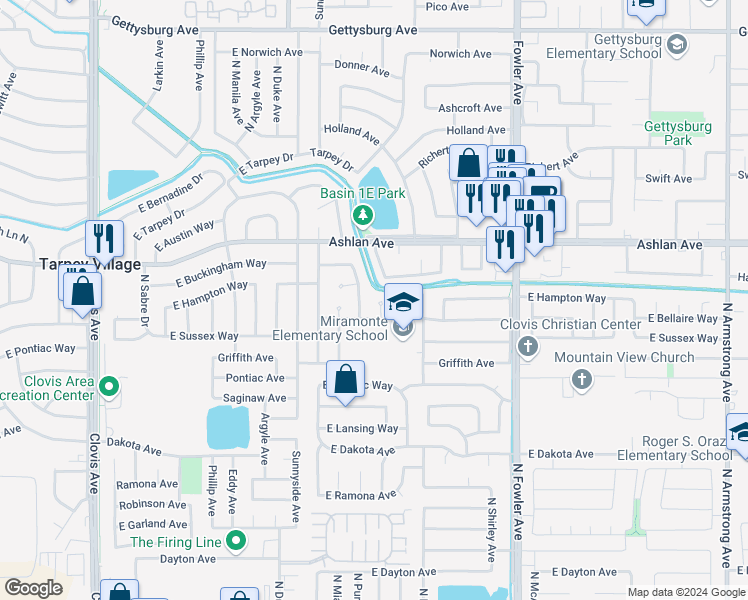 map of restaurants, bars, coffee shops, grocery stores, and more near 3316 Fordham Avenue in Clovis