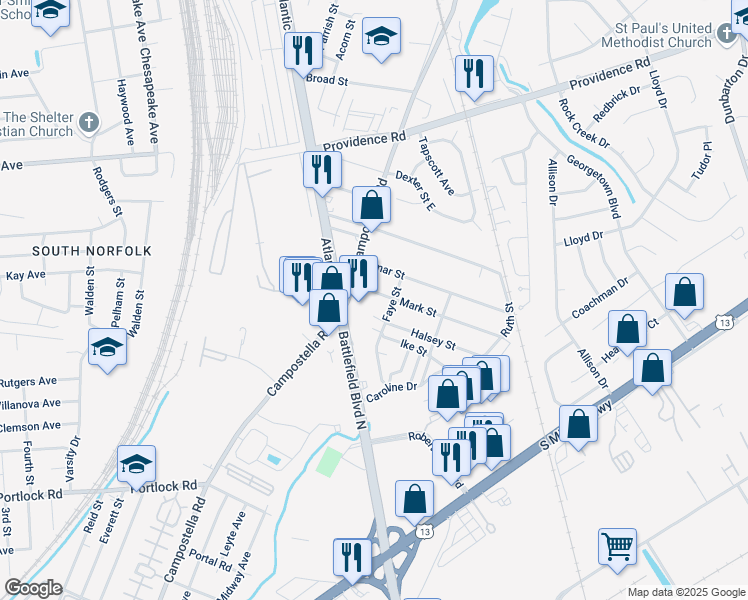 map of restaurants, bars, coffee shops, grocery stores, and more near 2608 Mark Street in Chesapeake