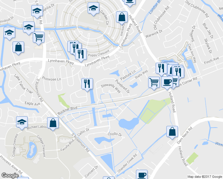map of restaurants, bars, coffee shops, grocery stores, and more near 3524 Riders Lane in Virginia Beach