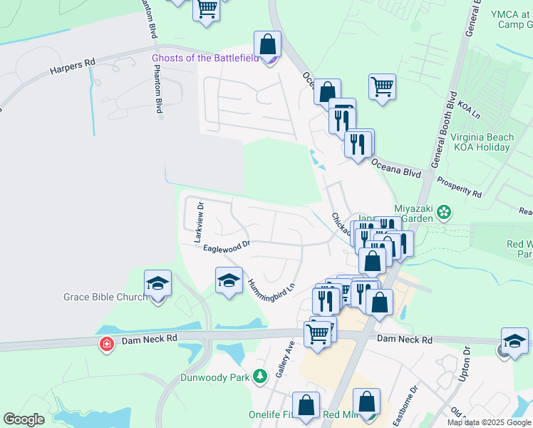 map of restaurants, bars, coffee shops, grocery stores, and more near 1137 Woodcock Lane in Virginia Beach