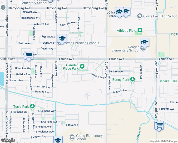 map of restaurants, bars, coffee shops, grocery stores, and more near 3267 Bellaire Avenue in Clovis