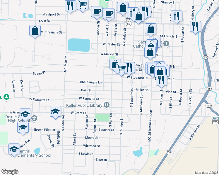 map of restaurants, bars, coffee shops, grocery stores, and more near 120 South Park Lane in Dexter
