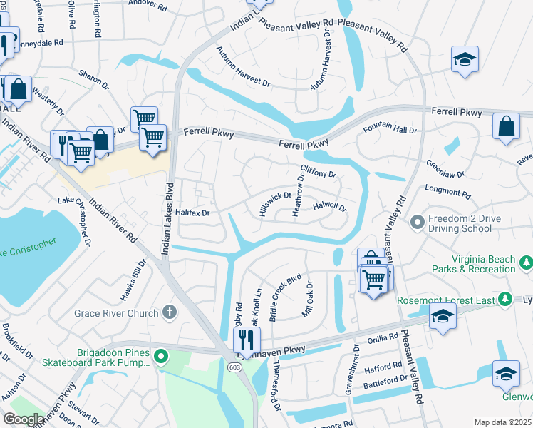 map of restaurants, bars, coffee shops, grocery stores, and more near 5053 Hillswick Drive in Virginia Beach