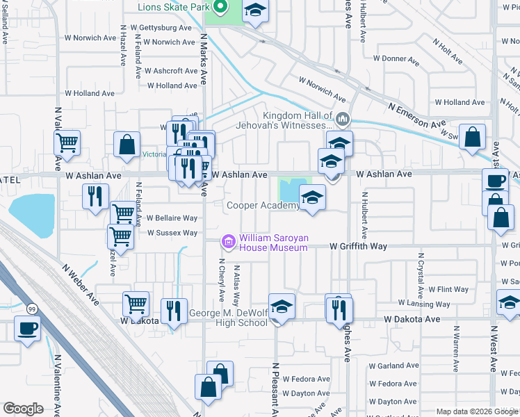 map of restaurants, bars, coffee shops, grocery stores, and more near 4108 North Ricewood Avenue in Fresno