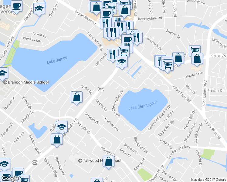 map of restaurants, bars, coffee shops, grocery stores, and more near 1516 Captains Court in Virginia Beach