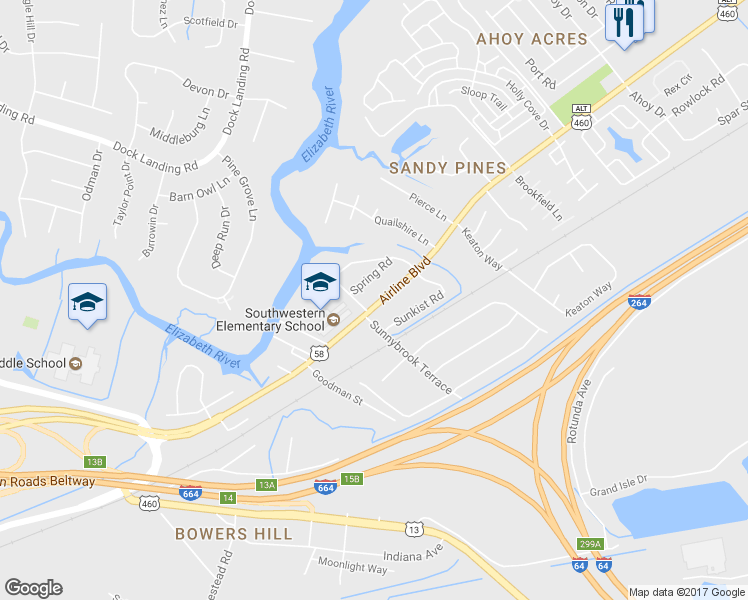 map of restaurants, bars, coffee shops, grocery stores, and more near 4328 U.S. 58 in Chesapeake