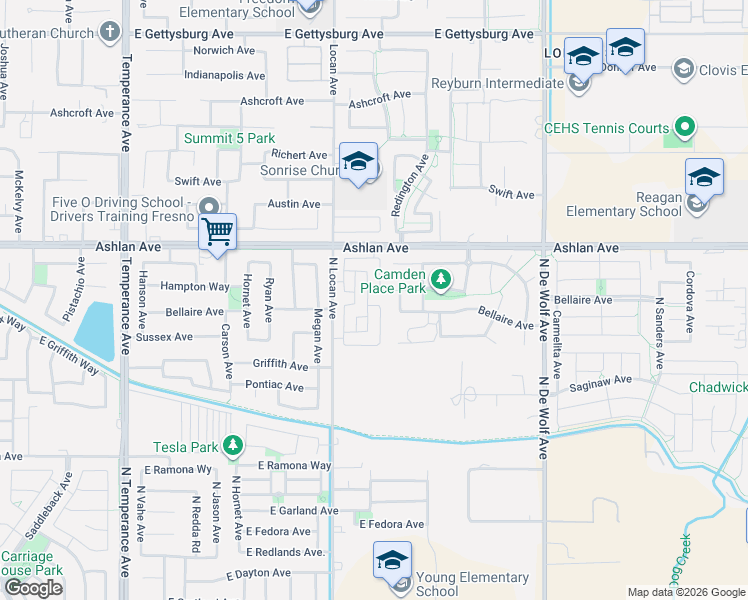 map of restaurants, bars, coffee shops, grocery stores, and more near 3067 Roche Lane in Clovis