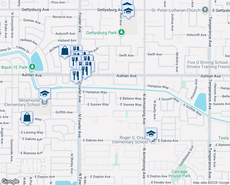 map of restaurants, bars, coffee shops, grocery stores, and more near 3697 North Denali Avenue in Fresno