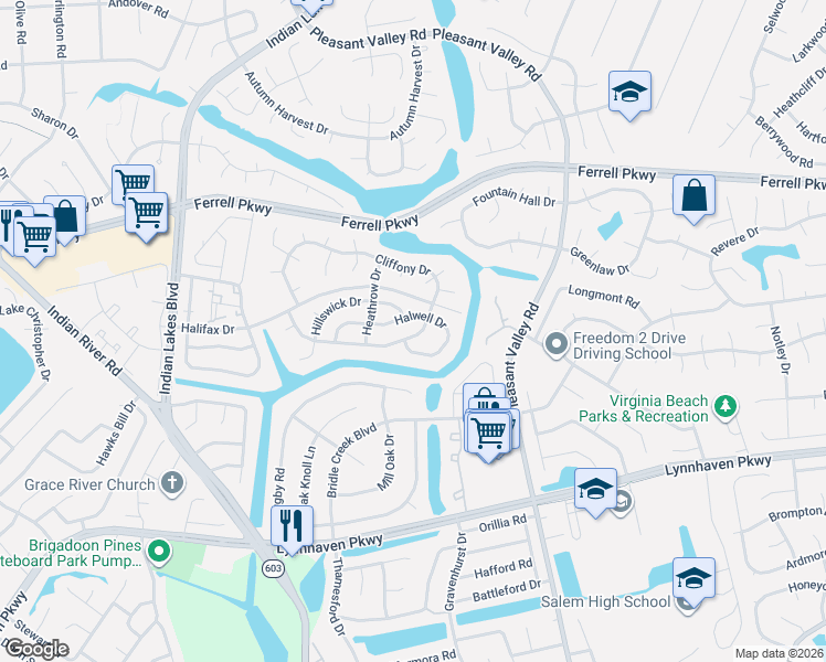 map of restaurants, bars, coffee shops, grocery stores, and more near 4929 Cliffony Drive in Virginia Beach