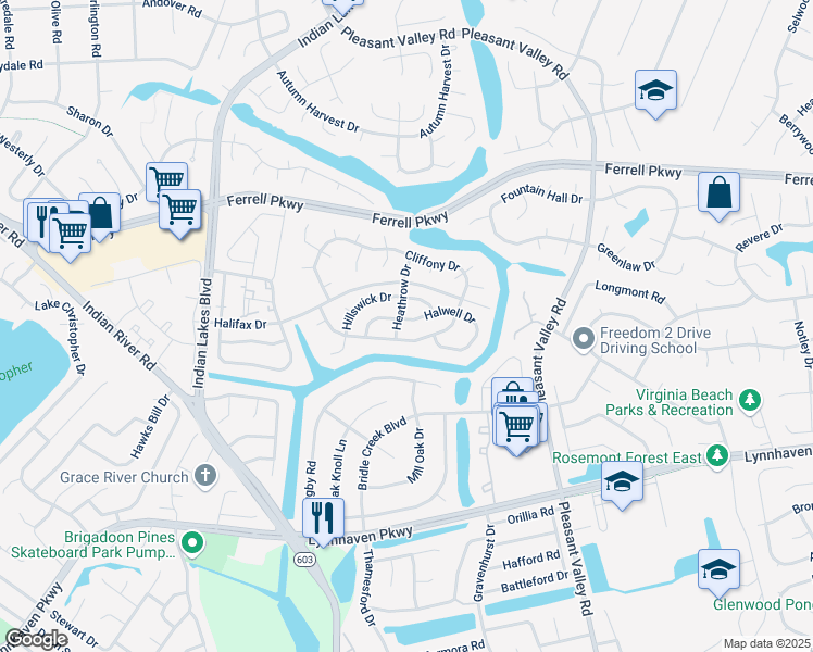 map of restaurants, bars, coffee shops, grocery stores, and more near 5001 Halwell Drive in Virginia Beach