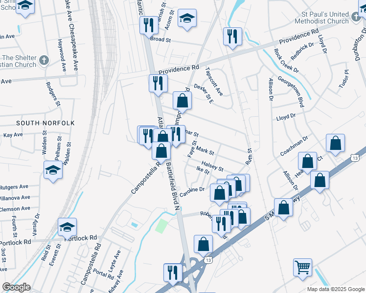 map of restaurants, bars, coffee shops, grocery stores, and more near 2608 Mark Street in Chesapeake