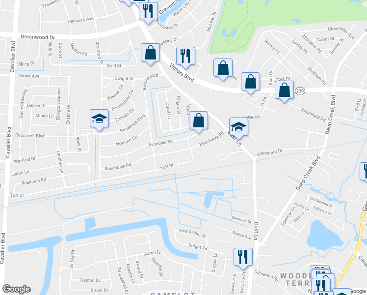 map of restaurants, bars, coffee shops, grocery stores, and more near 304 Beechdale Road in Portsmouth