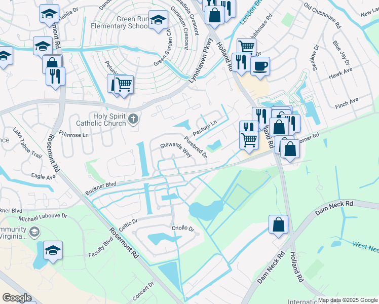 map of restaurants, bars, coffee shops, grocery stores, and more near 1576 Stewards Way in Virginia Beach