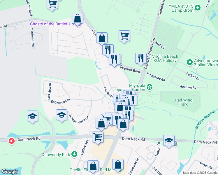 map of restaurants, bars, coffee shops, grocery stores, and more near 1433 Goldfinch Lane in Virginia Beach