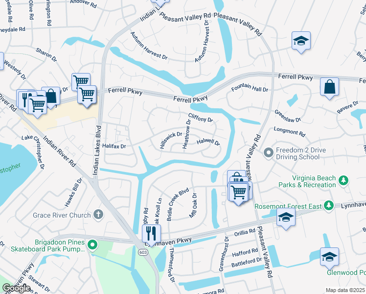 map of restaurants, bars, coffee shops, grocery stores, and more near 5001 Halwell Drive in Virginia Beach