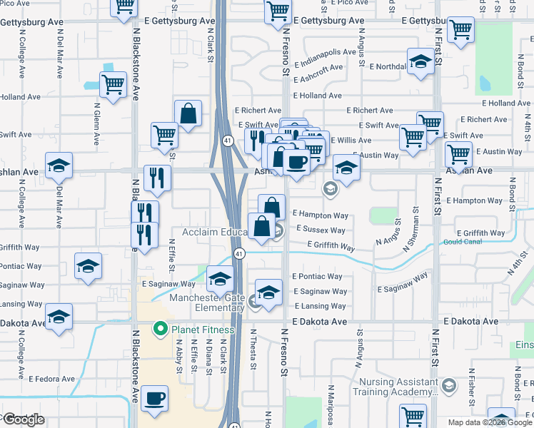 map of restaurants, bars, coffee shops, grocery stores, and more near 2404 East Hampton Way in Fresno