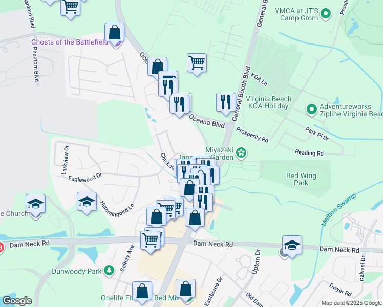map of restaurants, bars, coffee shops, grocery stores, and more near 1114 Eaglewood Drive in Virginia Beach