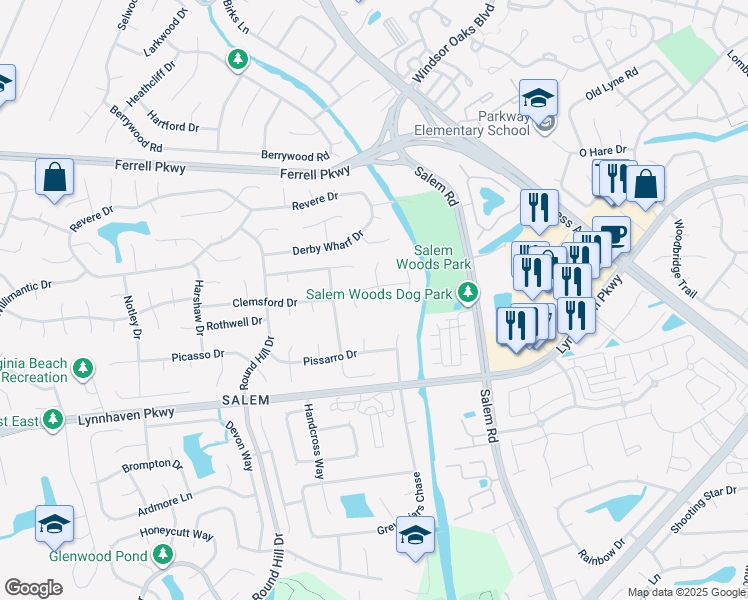 map of restaurants, bars, coffee shops, grocery stores, and more near 1405 Nutting Court in Virginia Beach