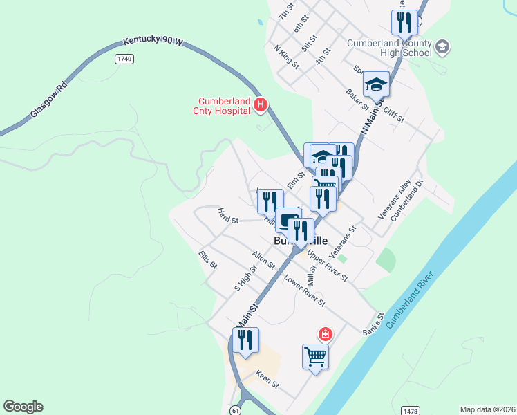 map of restaurants, bars, coffee shops, grocery stores, and more near 101-199 Elm Street in Burkesville