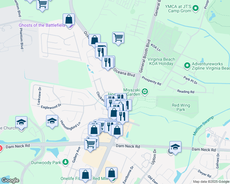 map of restaurants, bars, coffee shops, grocery stores, and more near 1114 Eaglewood Drive in Virginia Beach