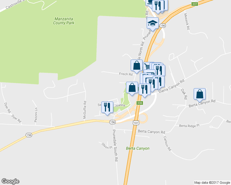 map of restaurants, bars, coffee shops, grocery stores, and more near 8612 Prunedale North Road in Salinas