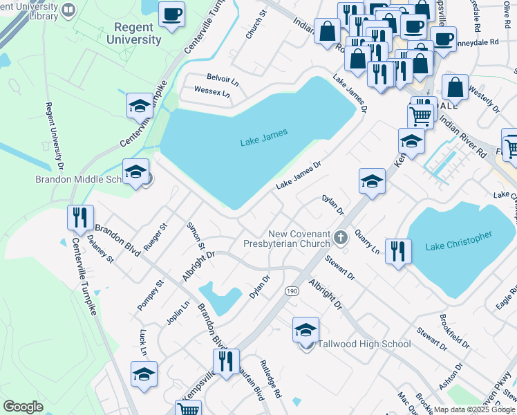 map of restaurants, bars, coffee shops, grocery stores, and more near 1480 Lake James Drive in Virginia Beach