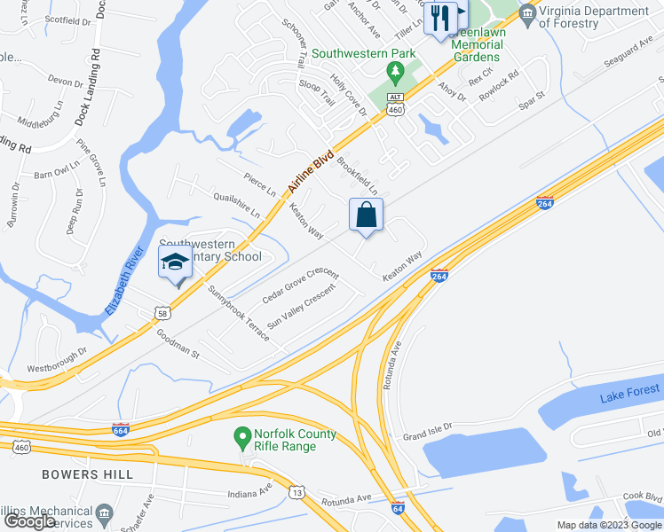 map of restaurants, bars, coffee shops, grocery stores, and more near 4061 Cedar Grove Crescent in Chesapeake