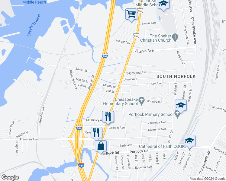 map of restaurants, bars, coffee shops, grocery stores, and more near 1027 Hill Street in Chesapeake