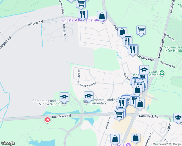 map of restaurants, bars, coffee shops, grocery stores, and more near 1151 Woodcock Lane in Virginia Beach