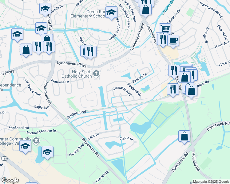 map of restaurants, bars, coffee shops, grocery stores, and more near 3576 Riders Lane in Virginia Beach