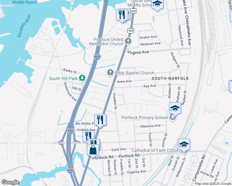 map of restaurants, bars, coffee shops, grocery stores, and more near 3108 Franklin Street in Chesapeake