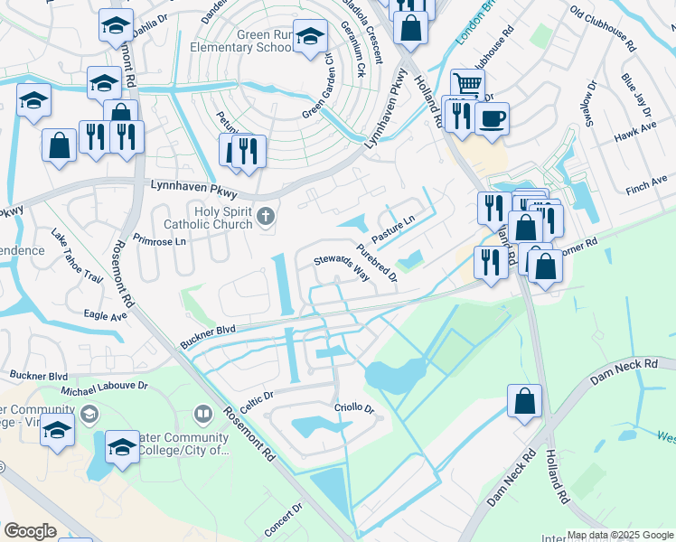 map of restaurants, bars, coffee shops, grocery stores, and more near 3528 Riders Lane in Virginia Beach