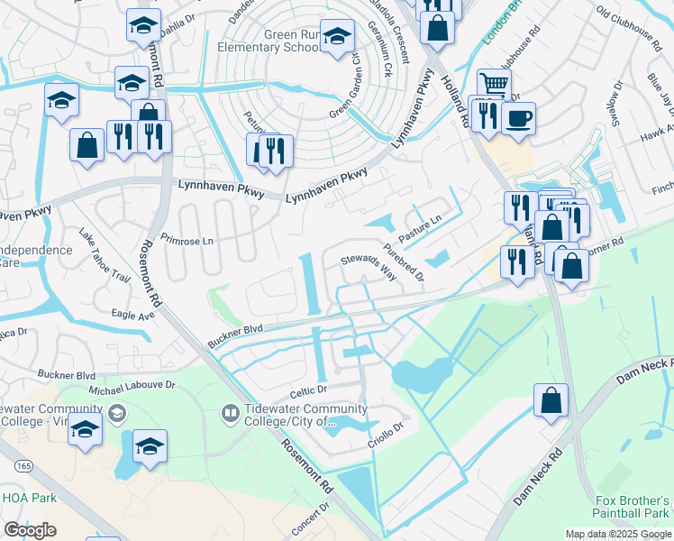 map of restaurants, bars, coffee shops, grocery stores, and more near 3581 Riders Lane in Virginia Beach