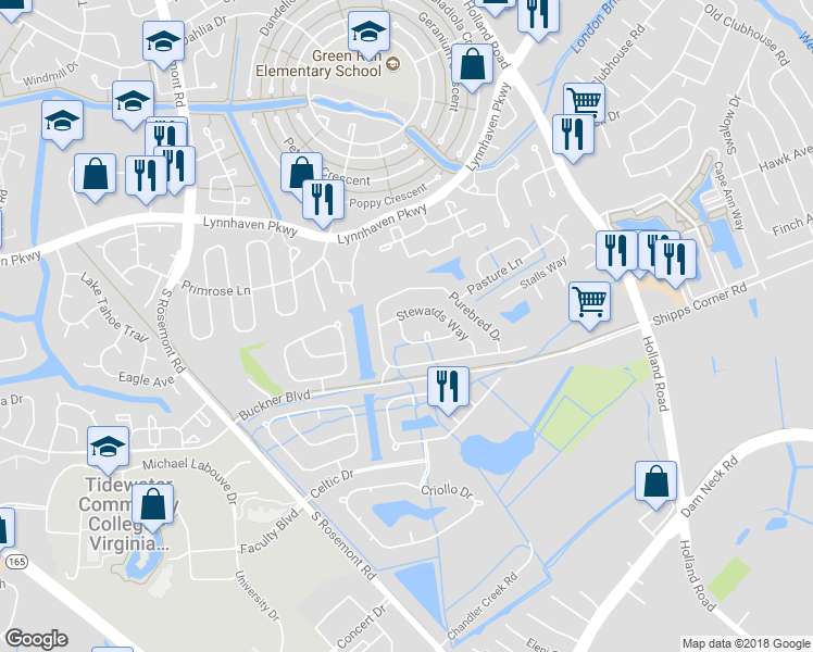 map of restaurants, bars, coffee shops, grocery stores, and more near 3576 Riders Lane in Virginia Beach