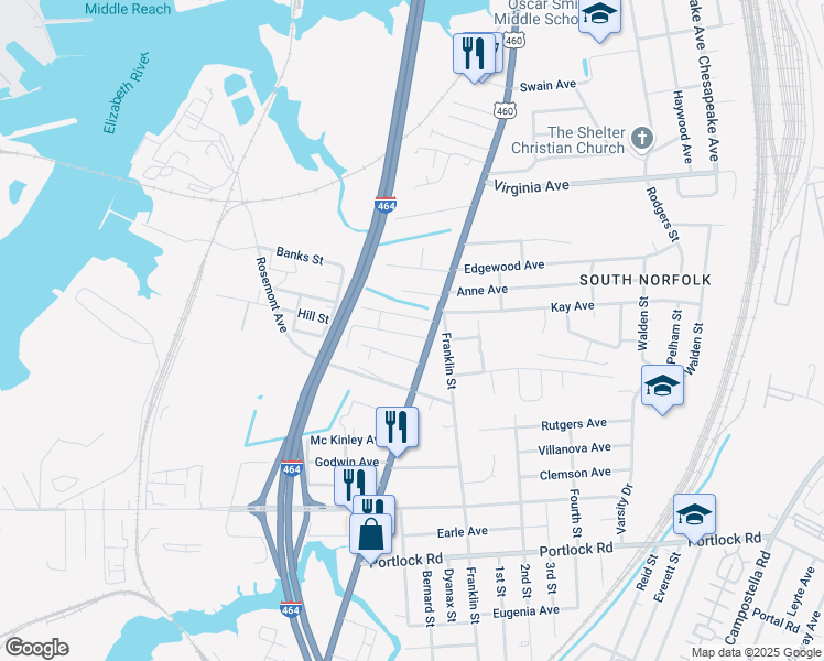 map of restaurants, bars, coffee shops, grocery stores, and more near 1009 Hill Street in Chesapeake