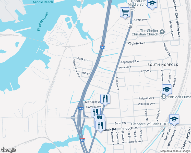 map of restaurants, bars, coffee shops, grocery stores, and more near 918 Hill Street in Chesapeake