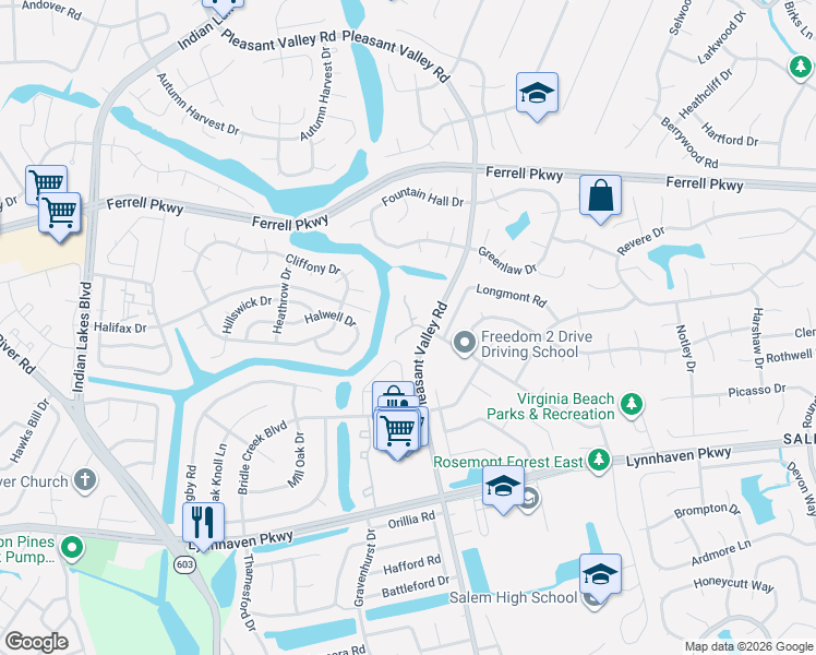 map of restaurants, bars, coffee shops, grocery stores, and more near 4932 Willow Pointe Lane in Virginia Beach