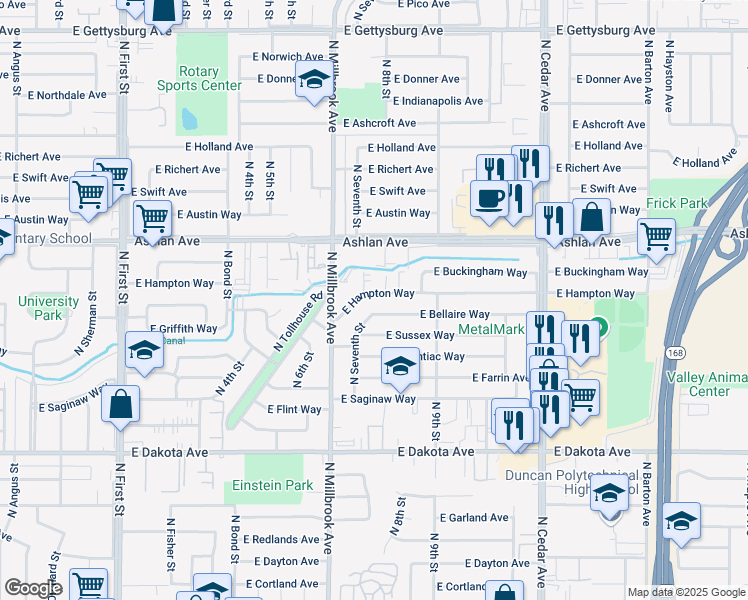 map of restaurants, bars, coffee shops, grocery stores, and more near 3780 East Hampton Way in Fresno