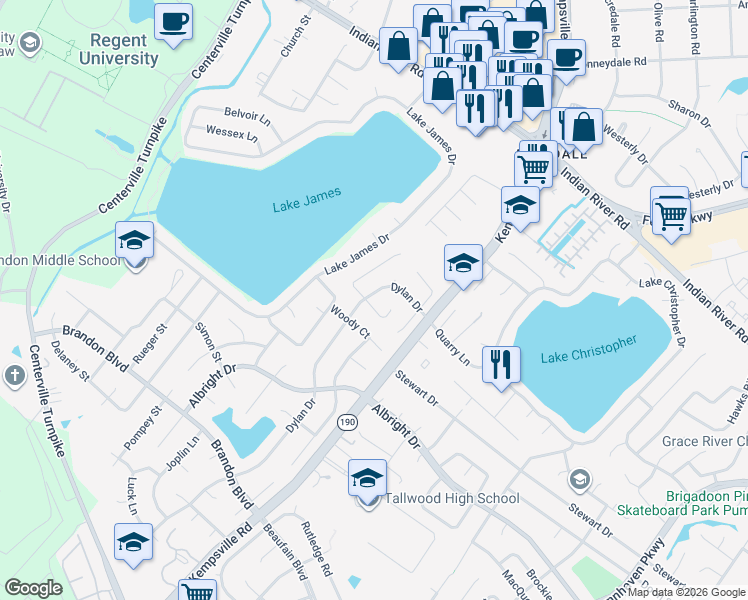 map of restaurants, bars, coffee shops, grocery stores, and more near 1580 Dylan Drive in Virginia Beach