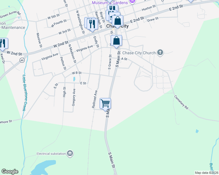 map of restaurants, bars, coffee shops, grocery stores, and more near 301-699 South Main Street in Chase City