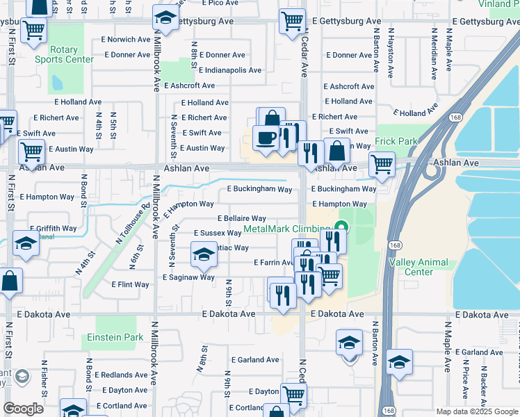 map of restaurants, bars, coffee shops, grocery stores, and more near 4022 East Hampton Way in Fresno