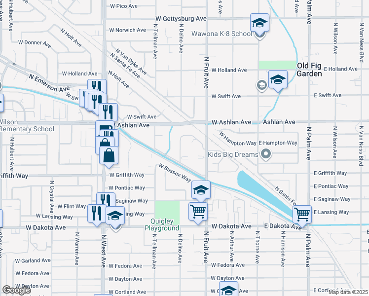 map of restaurants, bars, coffee shops, grocery stores, and more near 3798 Ashlan Avenue in Clovis